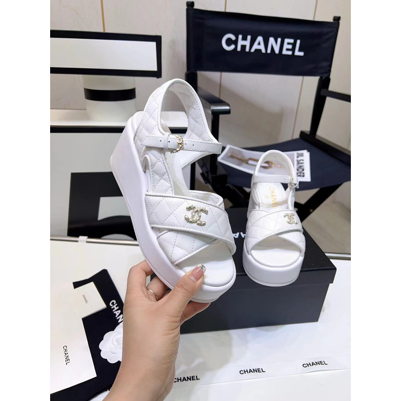 Ch*el open toe platform casual style leather party style white