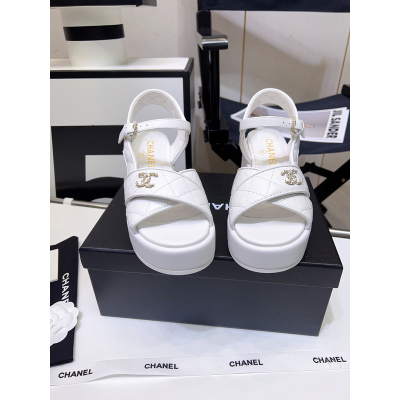 Ch*el open toe platform casual style leather party style white