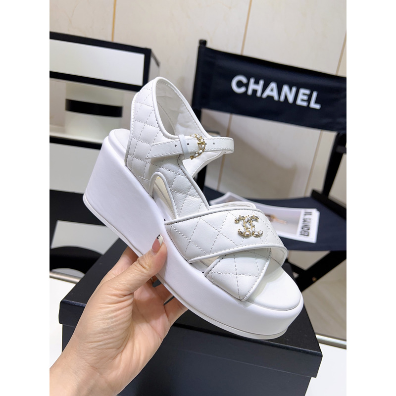 Ch*el open toe platform casual style leather party style white