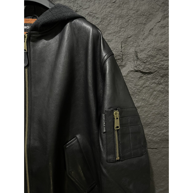 Ba*len*cia*ga leather jacket with hood black