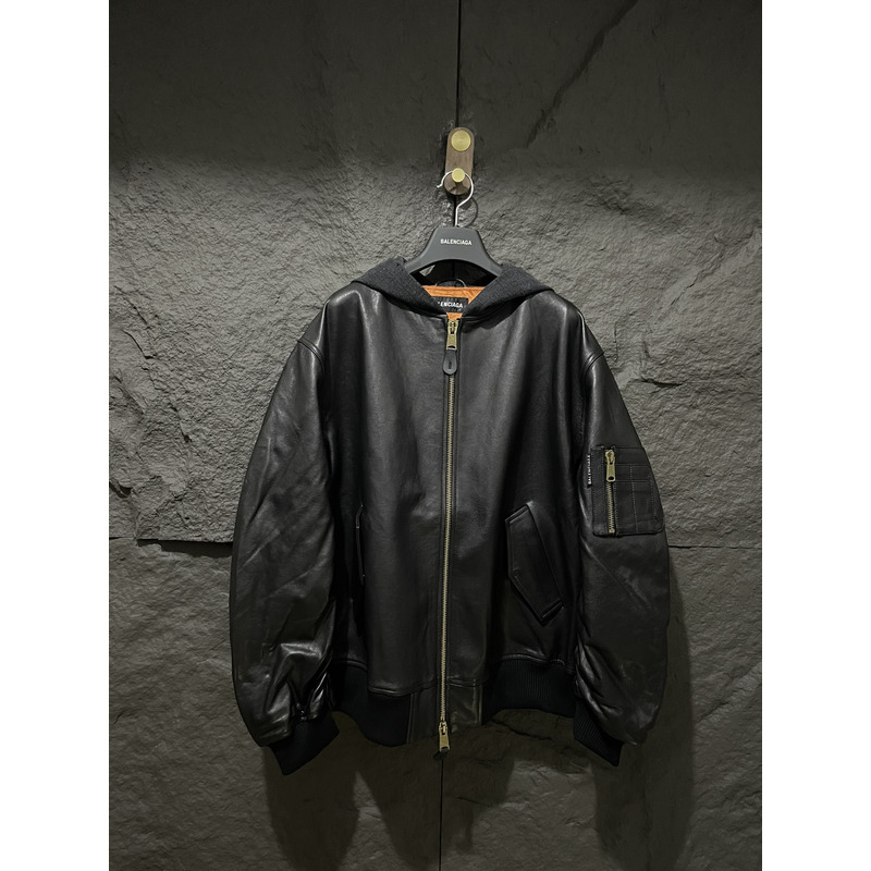 Ba*len*cia*ga leather jacket with hood black