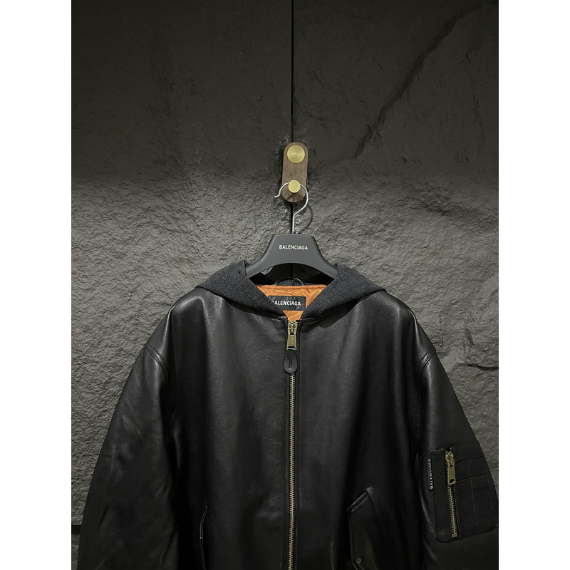 Ba*len*cia*ga leather jacket with hood black