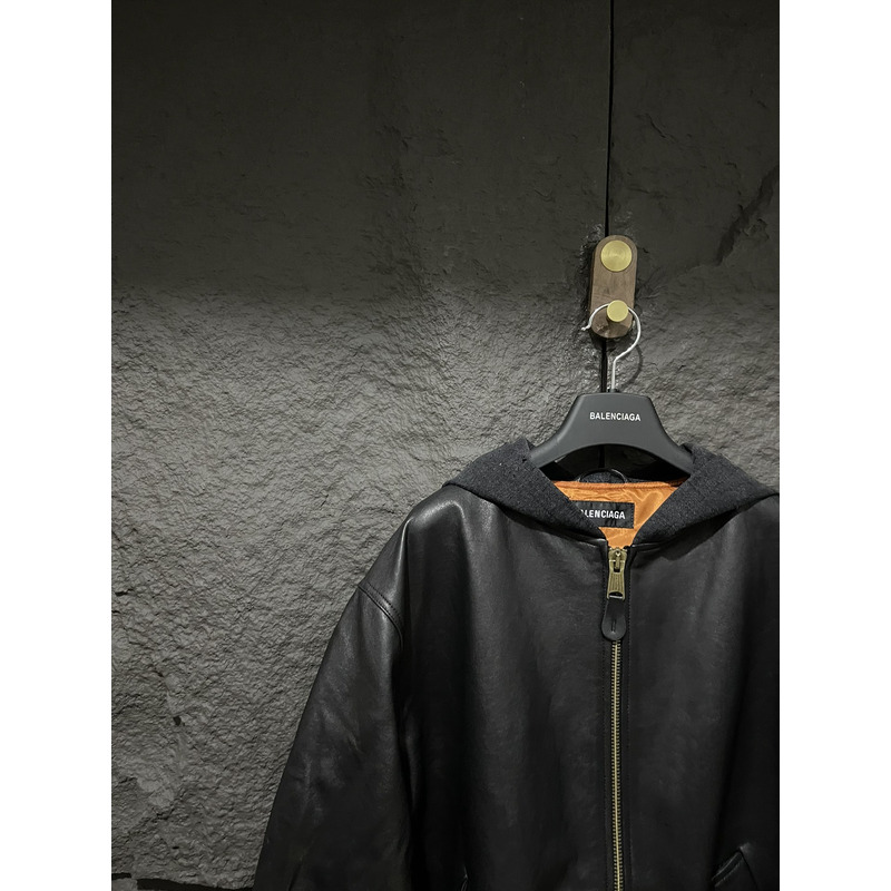 Ba*len*cia*ga leather jacket with hood black