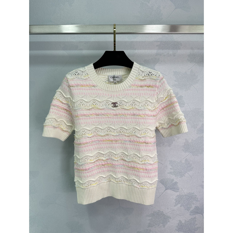 Ch*el logo knitted hollow short sleeve white&pink