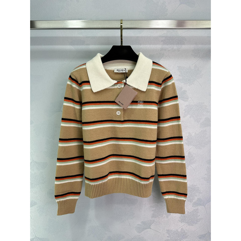 Miumiu Striped Knit Polo Top Dark Beige