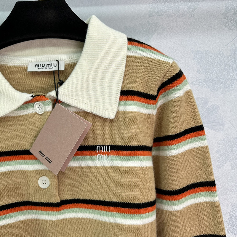 Miumiu Striped Knit Polo Top Dark Beige