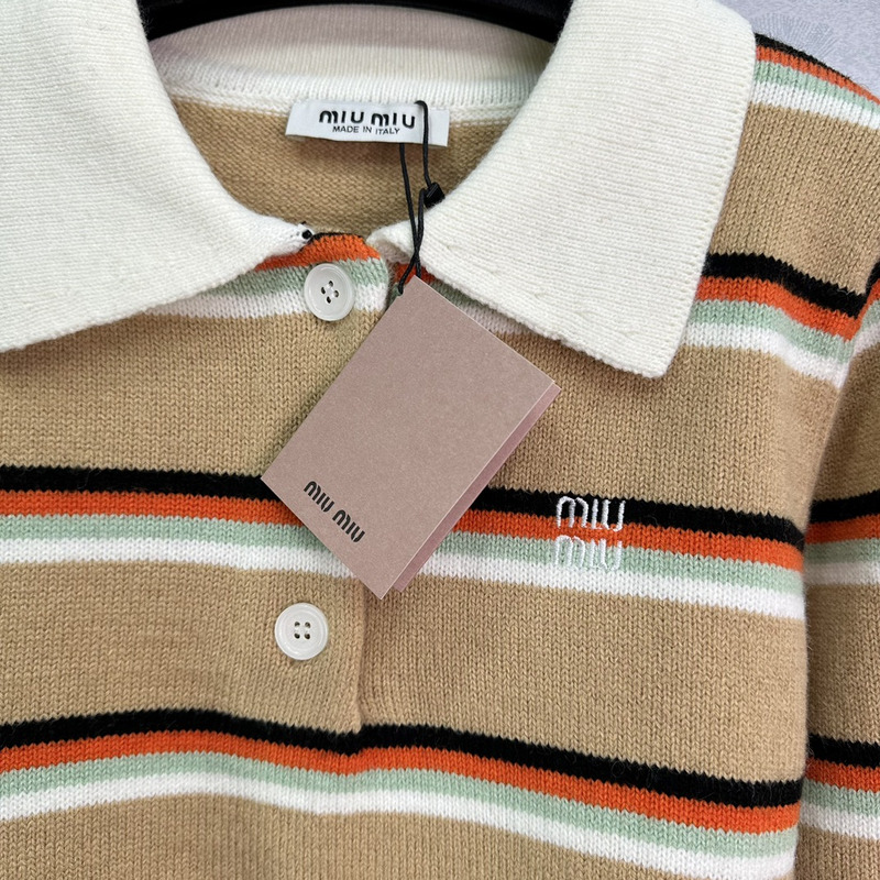 Miumiu Striped Knit Polo Top Dark Beige