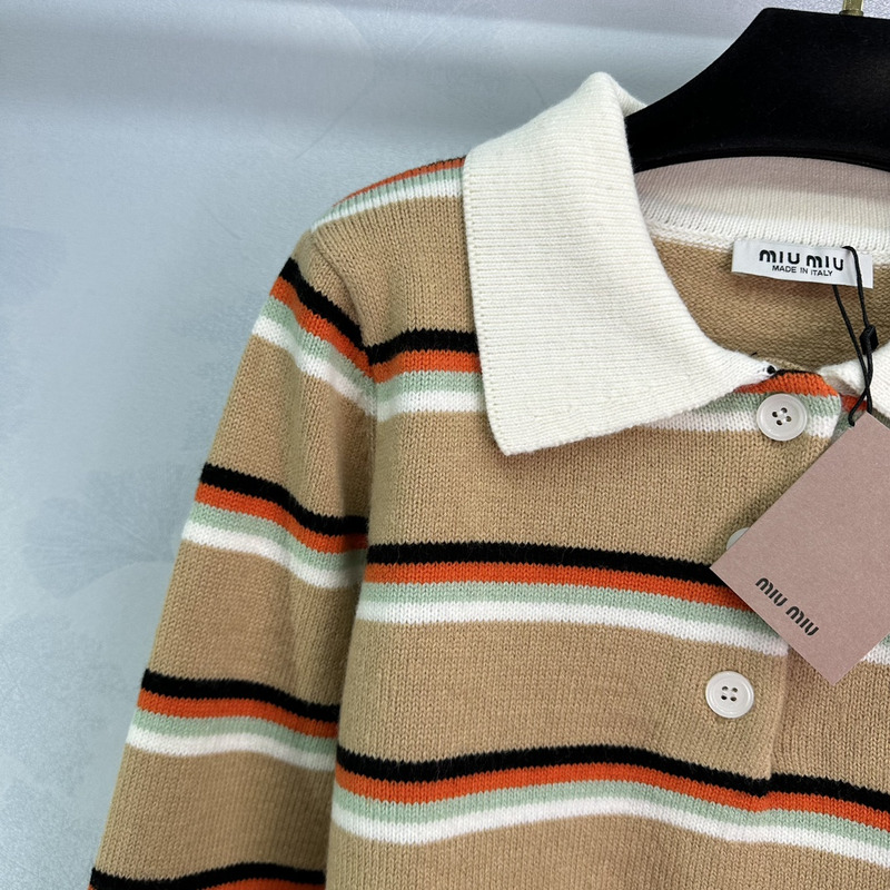 Miumiu Striped Knit Polo Top Dark Beige