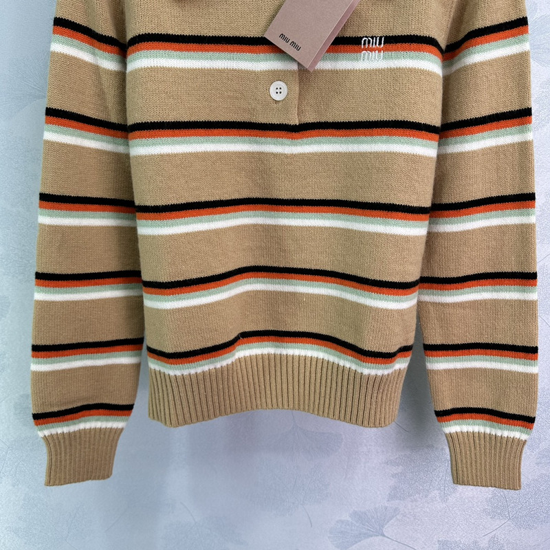 Miumiu Striped Knit Polo Top Dark Beige