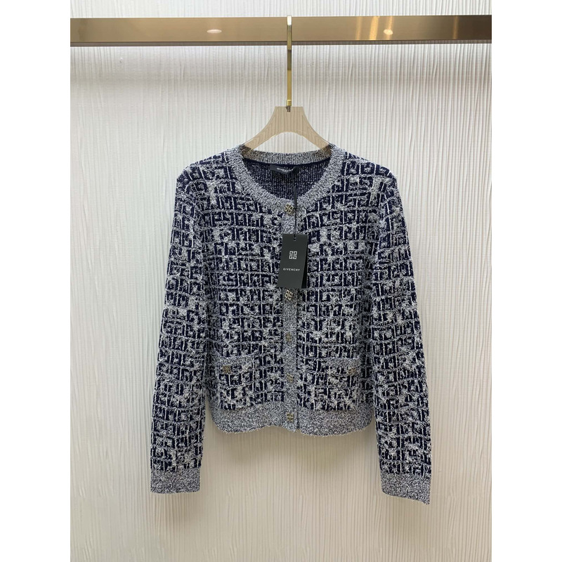 Givenchy Cardigan in 4G Tweed with 4G Liquid Detail Navy Blue&Grey