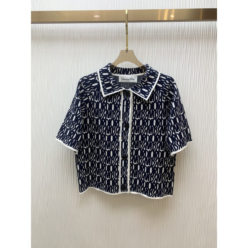 D*or short-sleeved jacket  allover motif white technic﻿al knit with navy blue