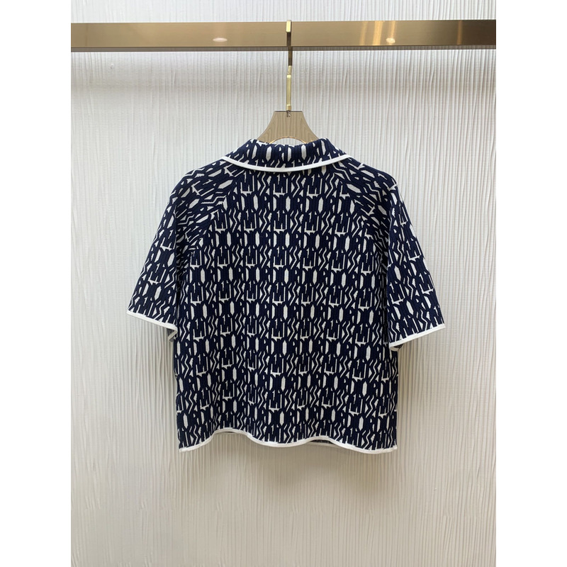 D*or short-sleeved jacket  allover motif white technic﻿al knit with navy blue