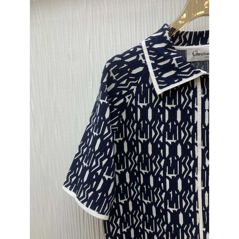 D*or short-sleeved jacket  allover motif white technic﻿al knit with navy blue