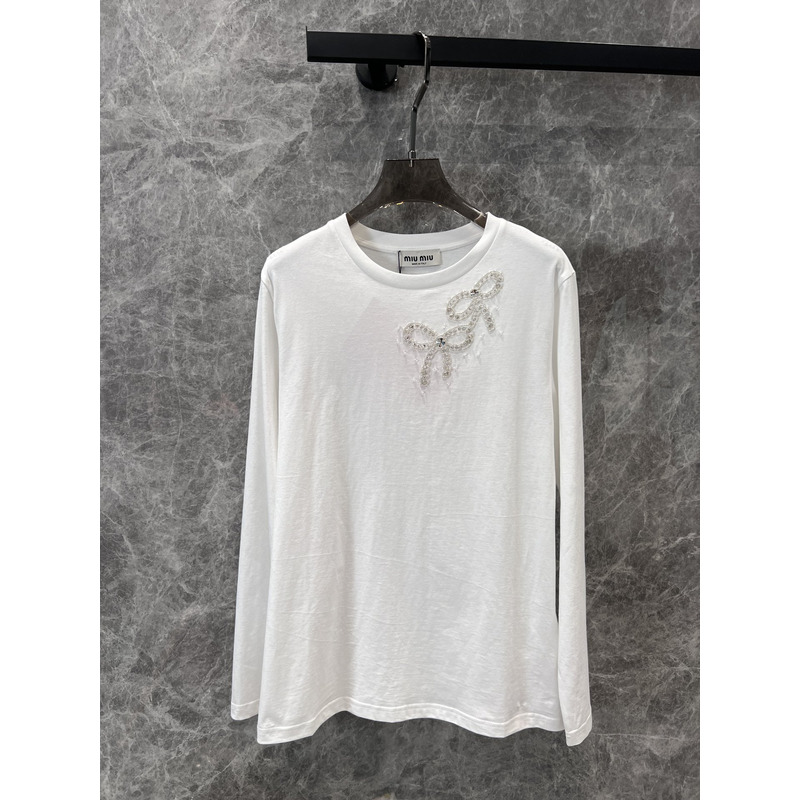 Miu Miu Embellished Bow Long Sleeves Cotton White