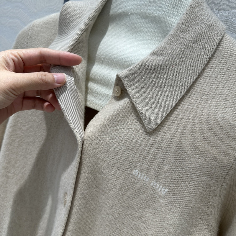 Miu Miu Logo Embroidered Long Sleeve Cashmere Cardigan Light Brown