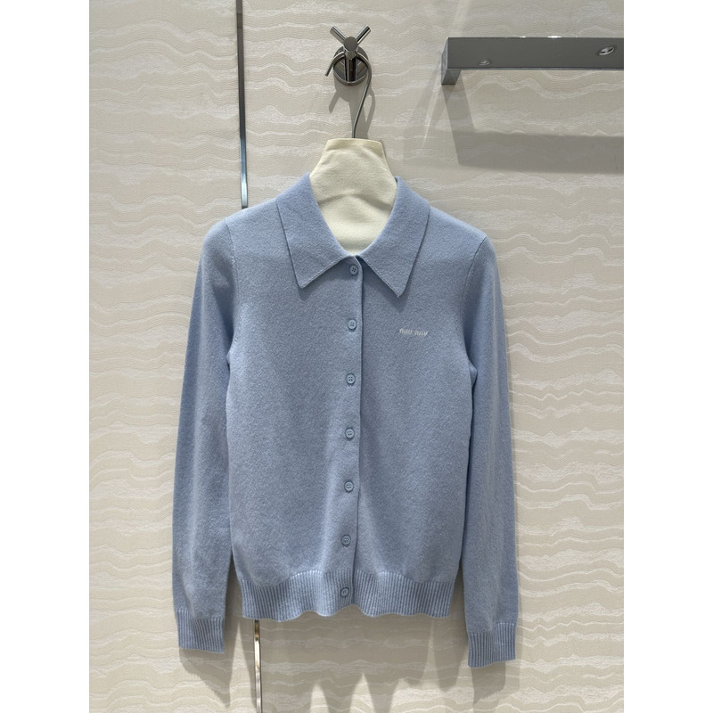 Miu Miu Logo Embroidered Long Sleeve Cashmere Cardigan Blue