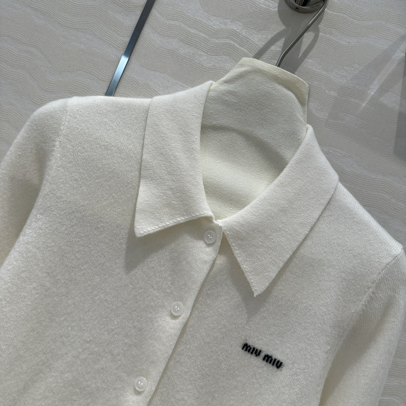 Miu Miu Logo Embroidered Long Sleeve Cashmere Cardigan White