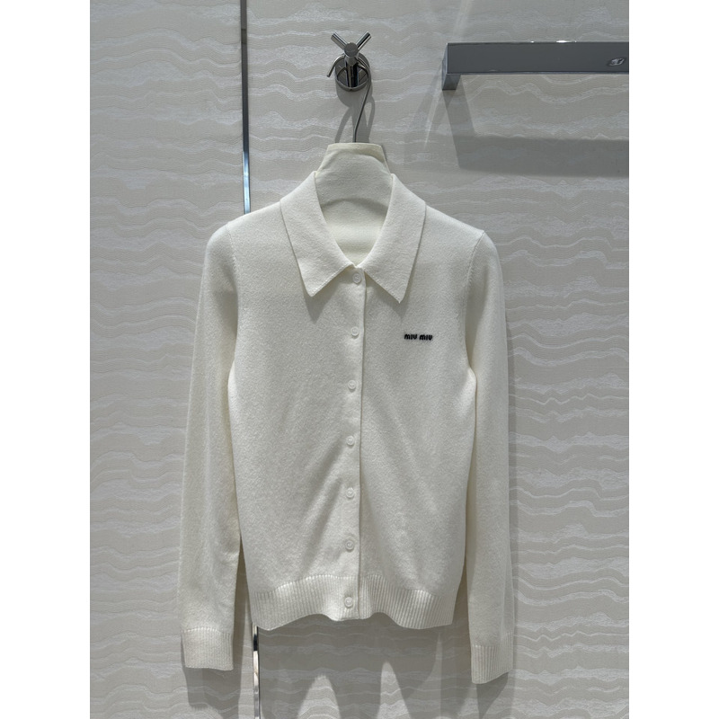 Miu Miu Logo Embroidered Long Sleeve Cashmere Cardigan White