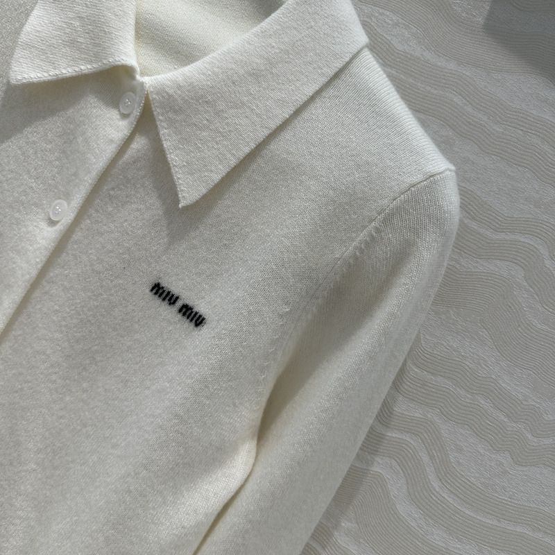 Miu Miu Logo Embroidered Long Sleeve Cashmere Cardigan White