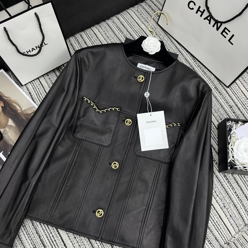 Ch*el collarless leather jacket black