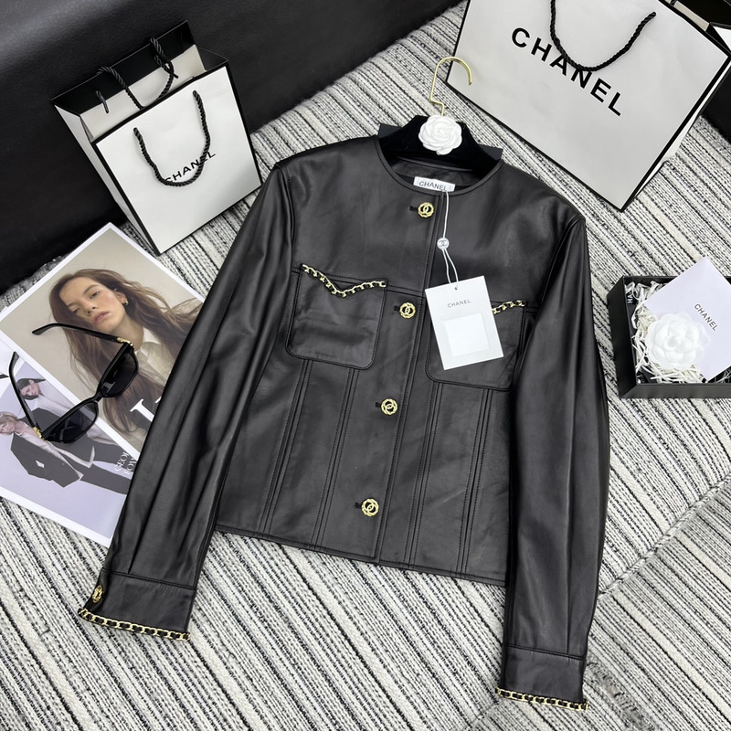 Ch*el collarless leather jacket black