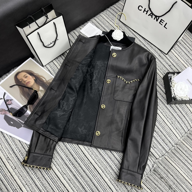 Ch*el collarless leather jacket black