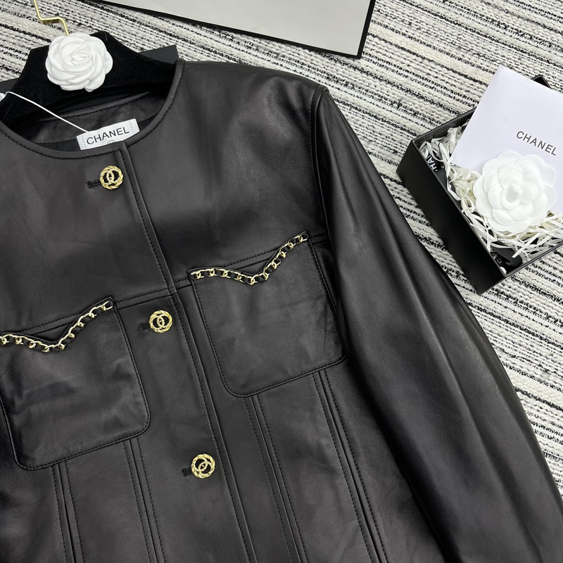 Ch*el collarless leather jacket black