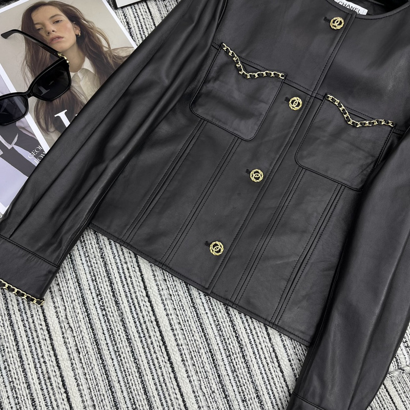 Ch*el collarless leather jacket black