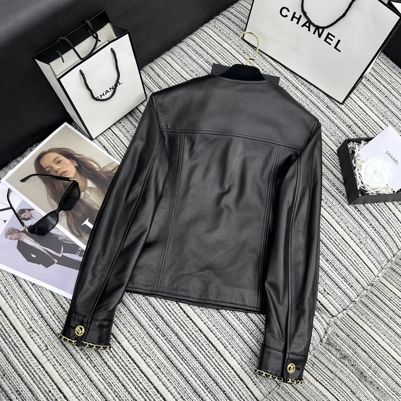 Ch*el collarless leather jacket black