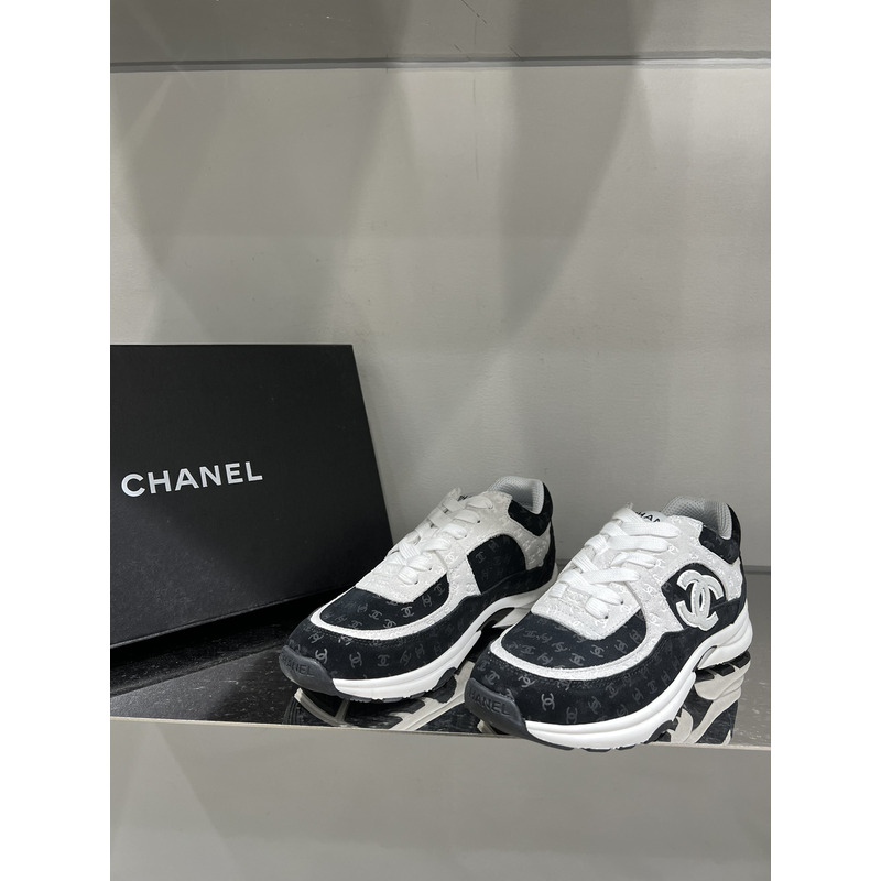 Ch*el  nylon suede calfskin printed cc sneakers white black