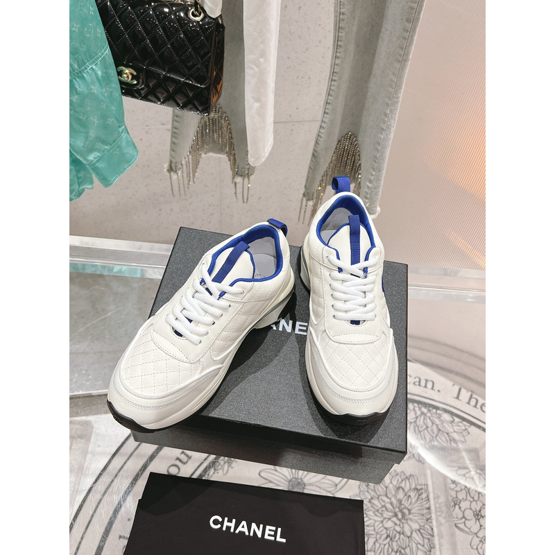 Ch*el logo blue leather sneakers white