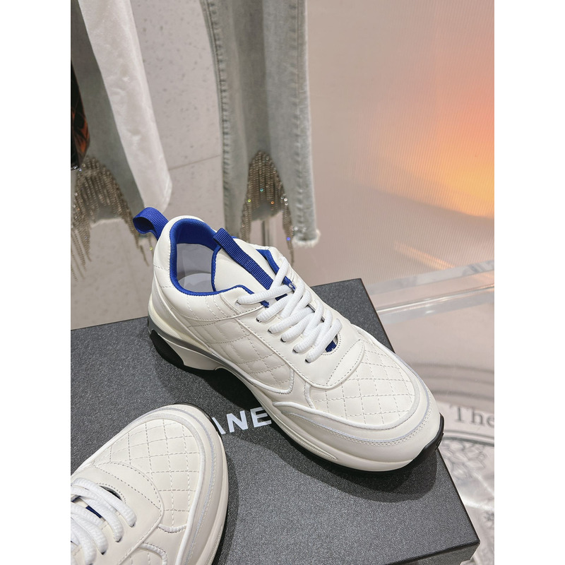 Ch*el logo blue leather sneakers white