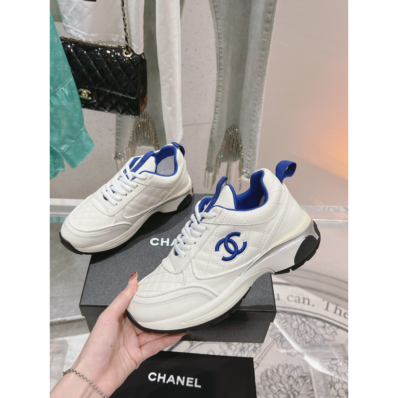 Ch*el logo blue leather sneakers white