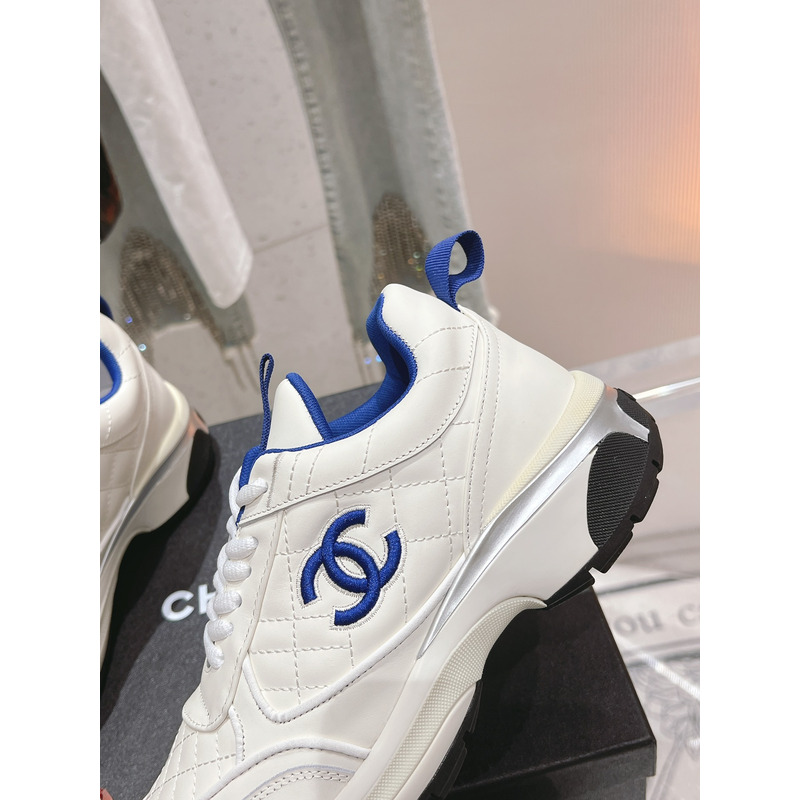 Ch*el logo blue leather sneakers white