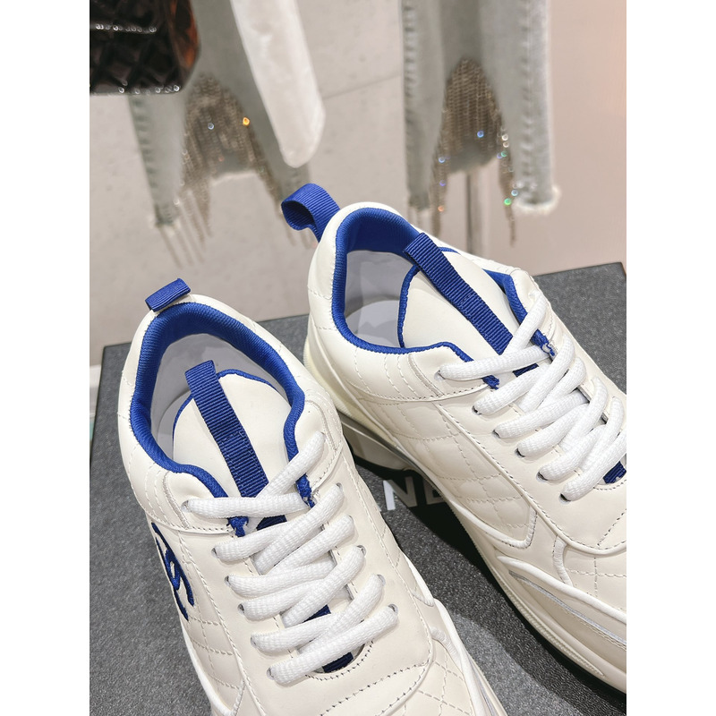 Ch*el logo blue leather sneakers white