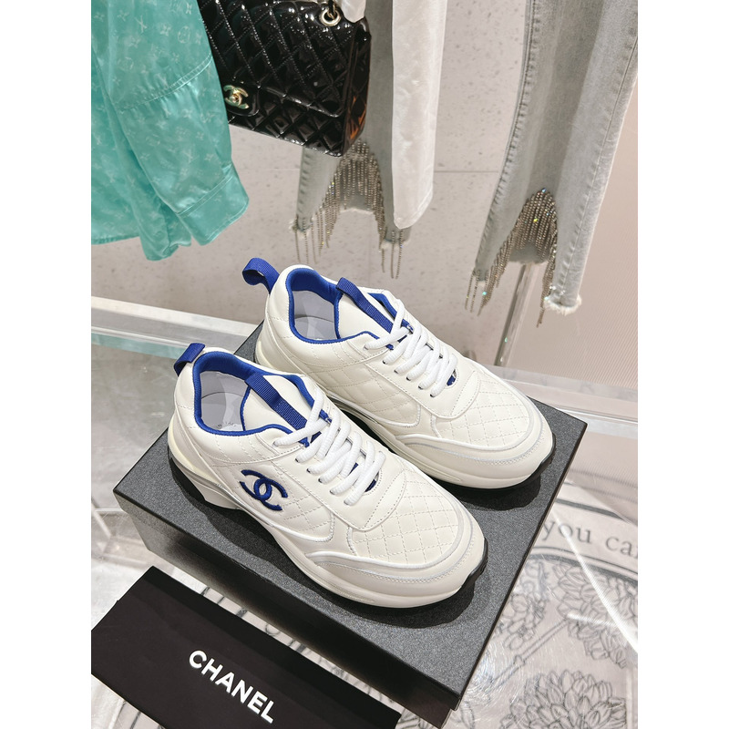 Ch*el logo blue leather sneakers white