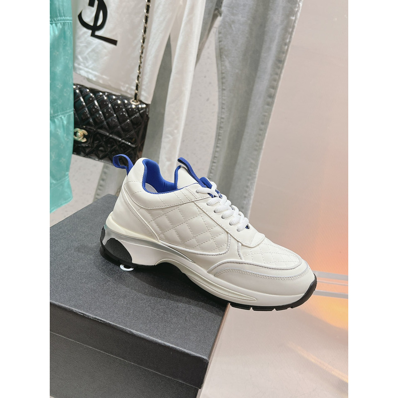 Ch*el logo blue leather sneakers white