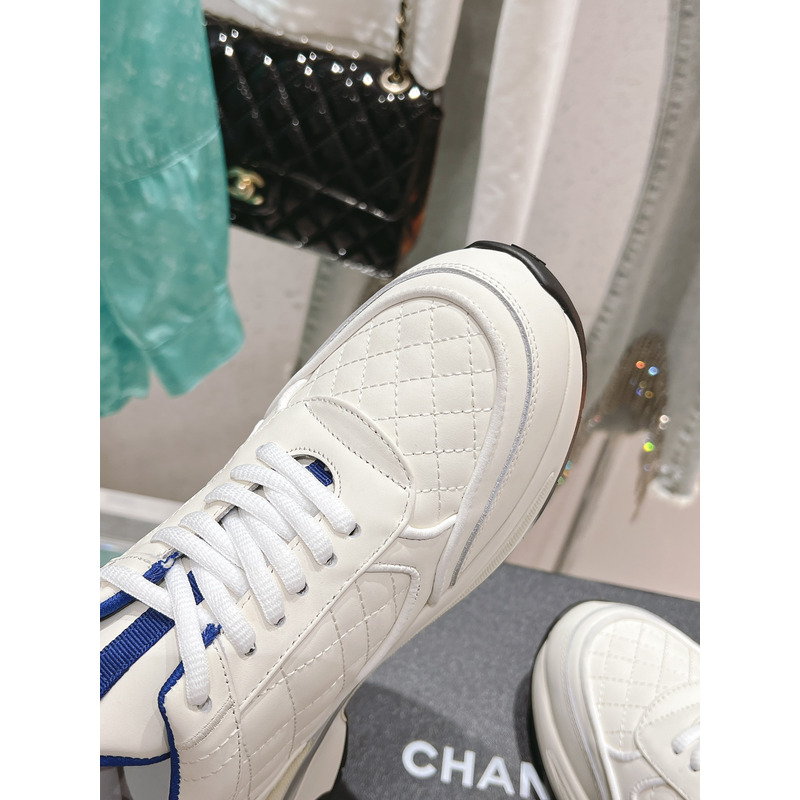 Ch*el logo blue leather sneakers white