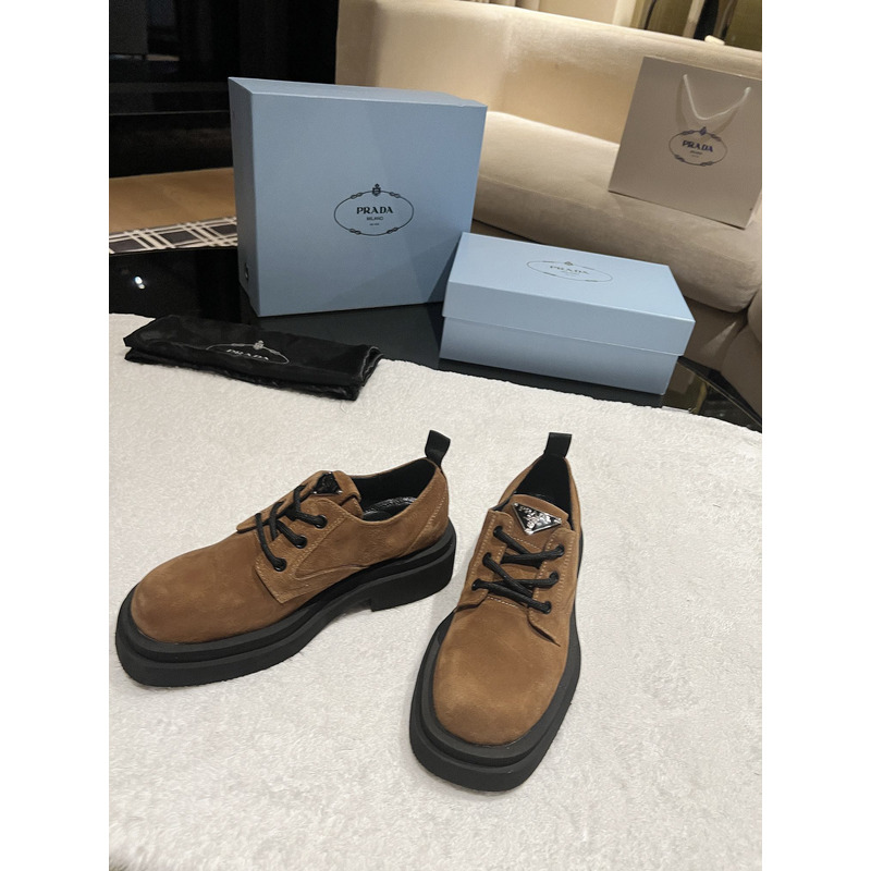 Pra*a triangle-logo suede lace-up shoes brown