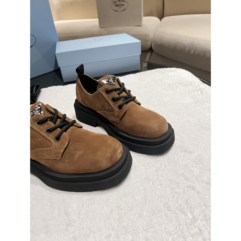 Pra*a triangle-logo suede lace-up shoes brown