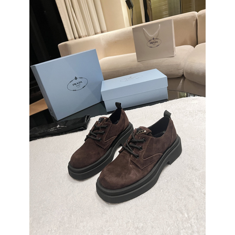 Pra*a triangle-logo suede lace-up shoes dark brown