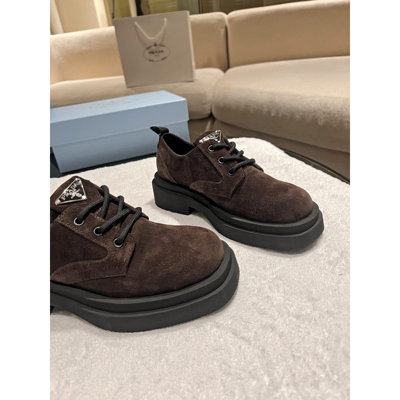 Pra*a triangle-logo suede lace-up shoes dark brown