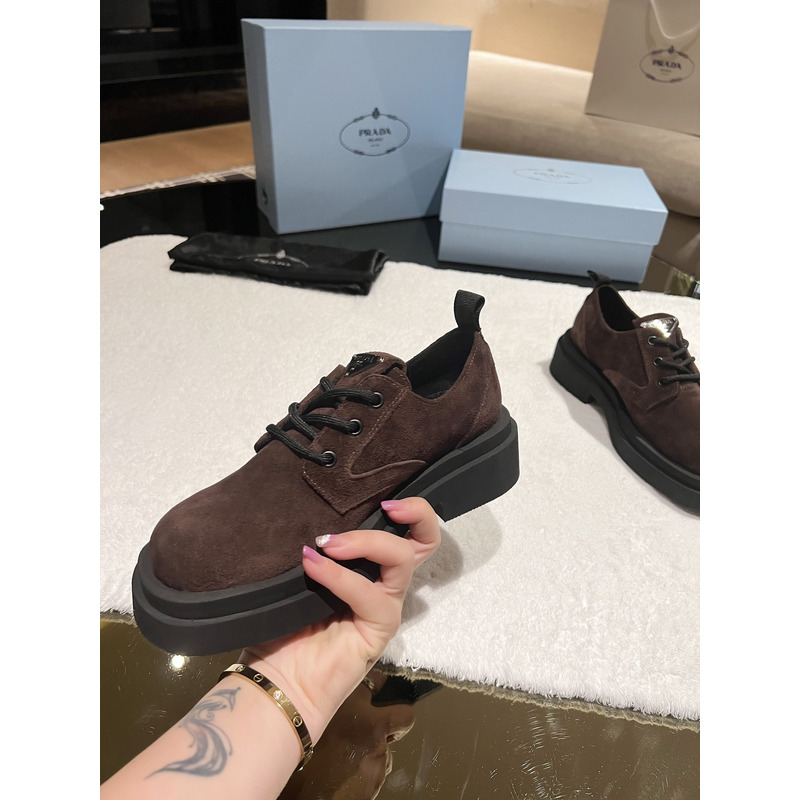 Pra*a triangle-logo suede lace-up shoes dark brown