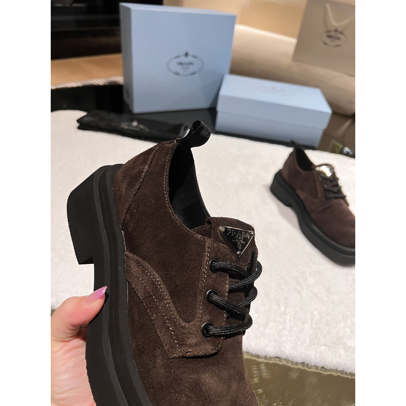 Pra*a triangle-logo suede lace-up shoes dark brown