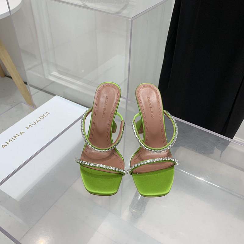 Amina Muaddi Gilda Slipper Green and White Crystals