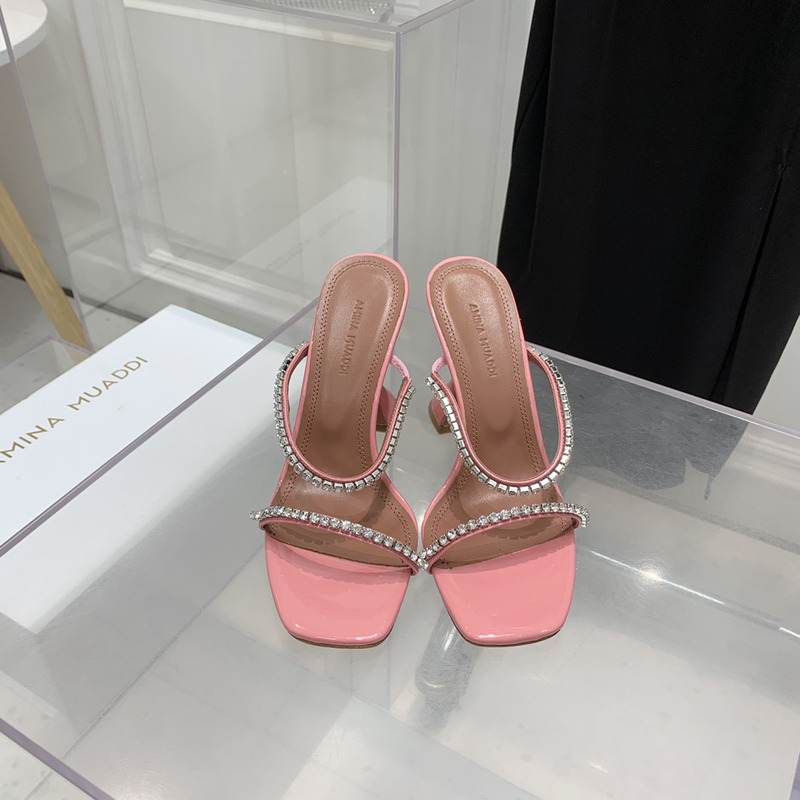 Amina Muaddi Gilda Slipper Pink and White Crystals