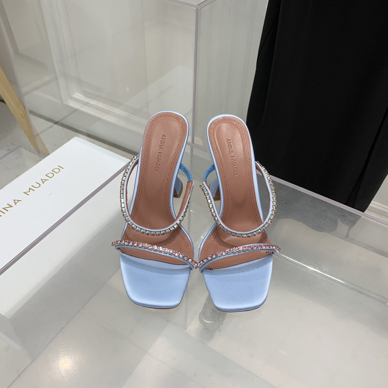 Amina Muaddi Gilda Slipper Blue and Pink Crystals