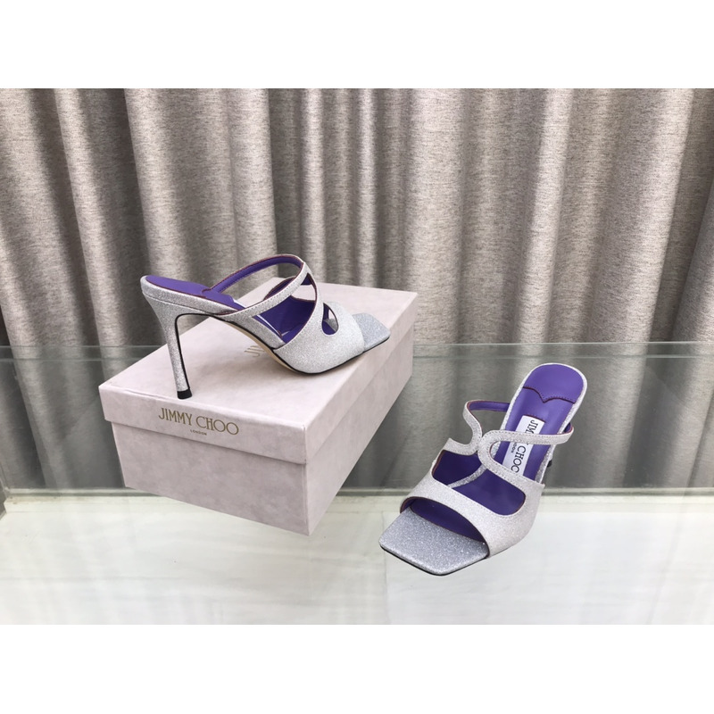 Jimmy Choo Heeled Slippers White Mix With Flitter And Purple