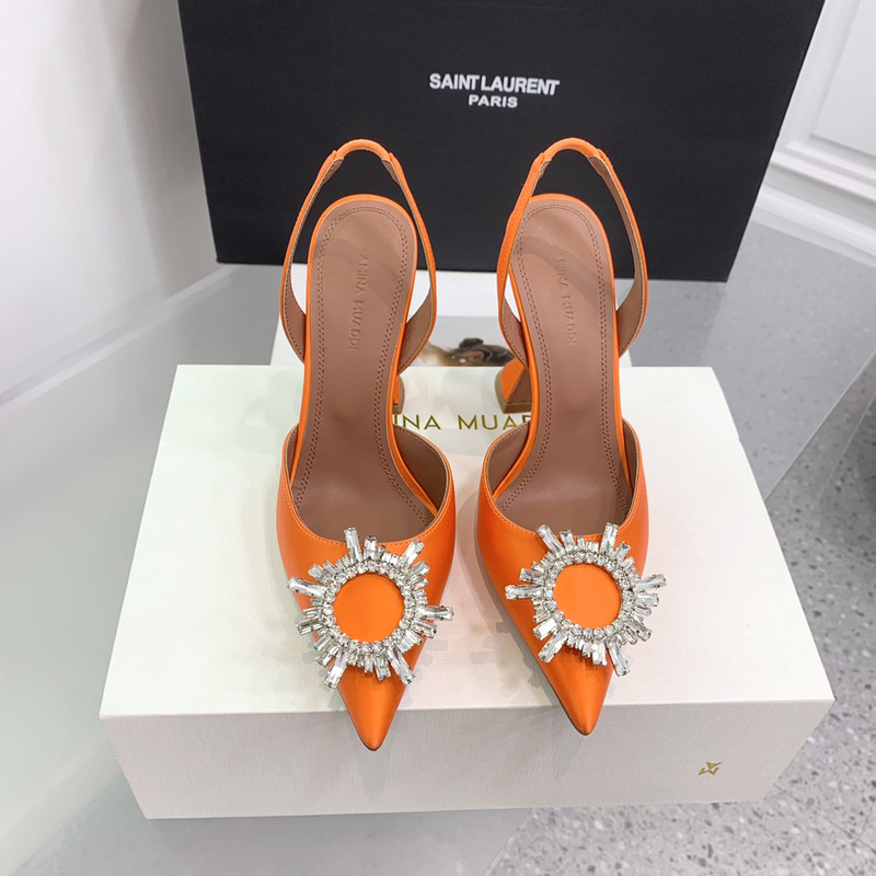 Amina Muaddi Begum Crystal Satin Slingback Pumps Orange