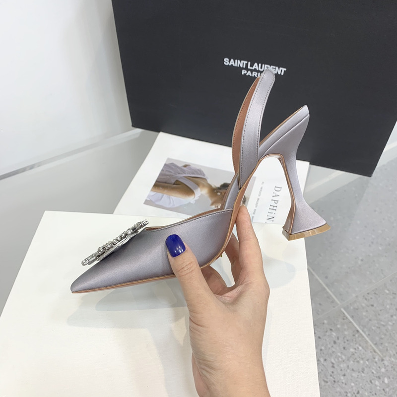 Amina Muaddi Begum Crystal Satin Slingback Pumps Gray